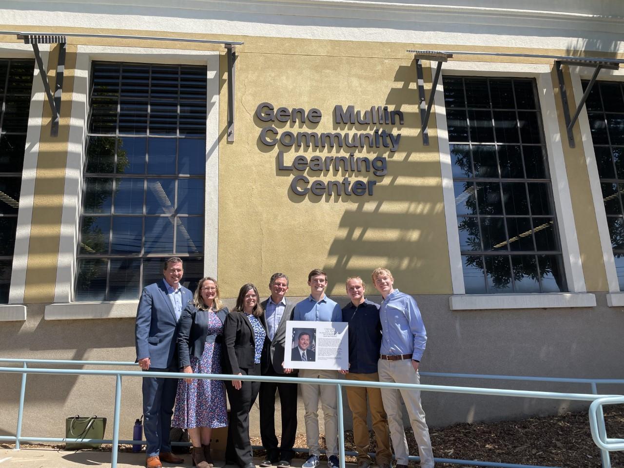 California State Assembly Speaker Pro Tempore Kevin Mullin and family celebrate the rededication of South San Francisco"s Community Learning Center after his father, former Assembly Member and South City High teacher Gene Mullin. 