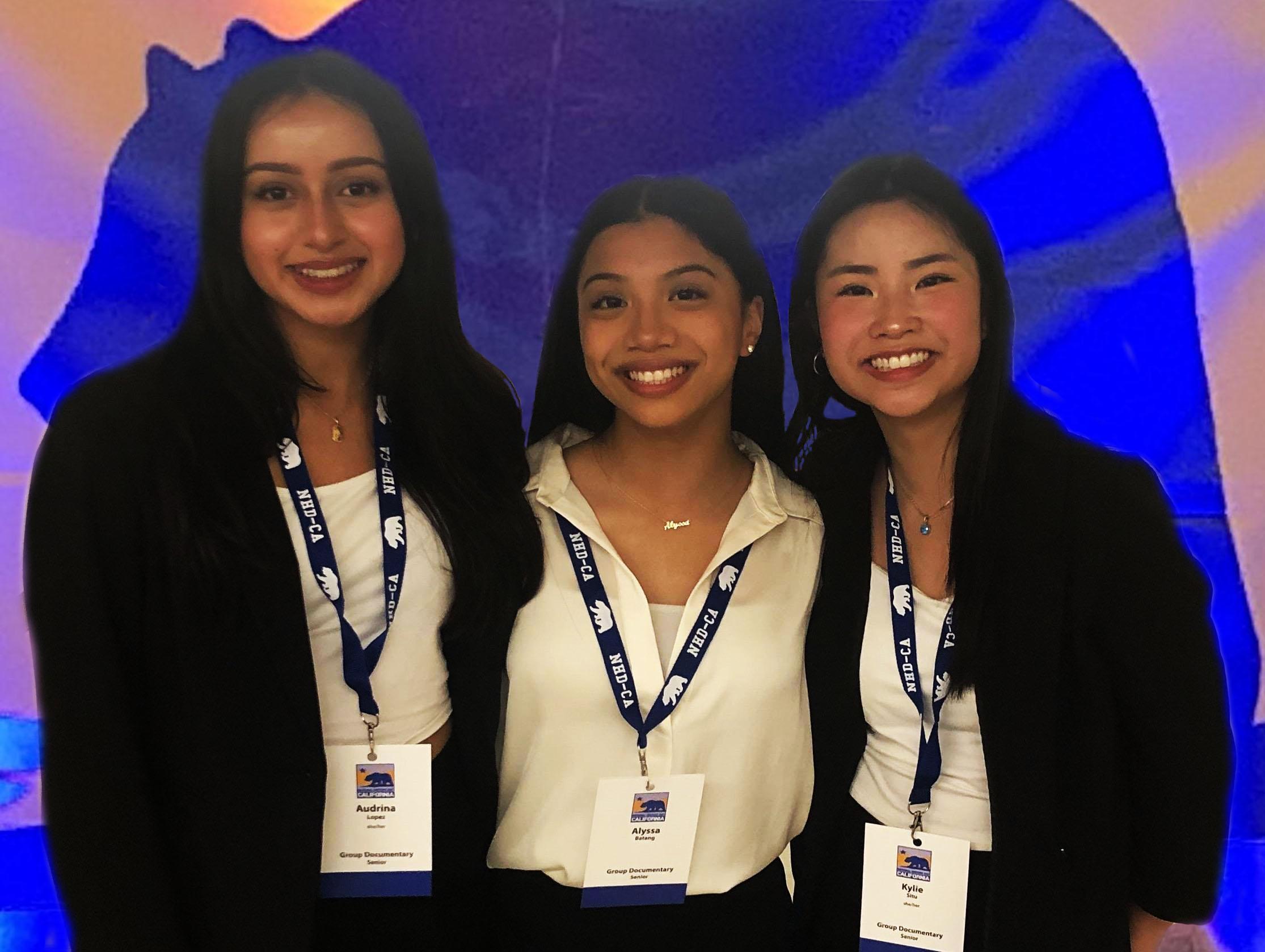 South City High sophomores Audrina Lopez, Alyssa Batang, and Kylie Situ take first place in the group documentary category at the California National History Day contest.