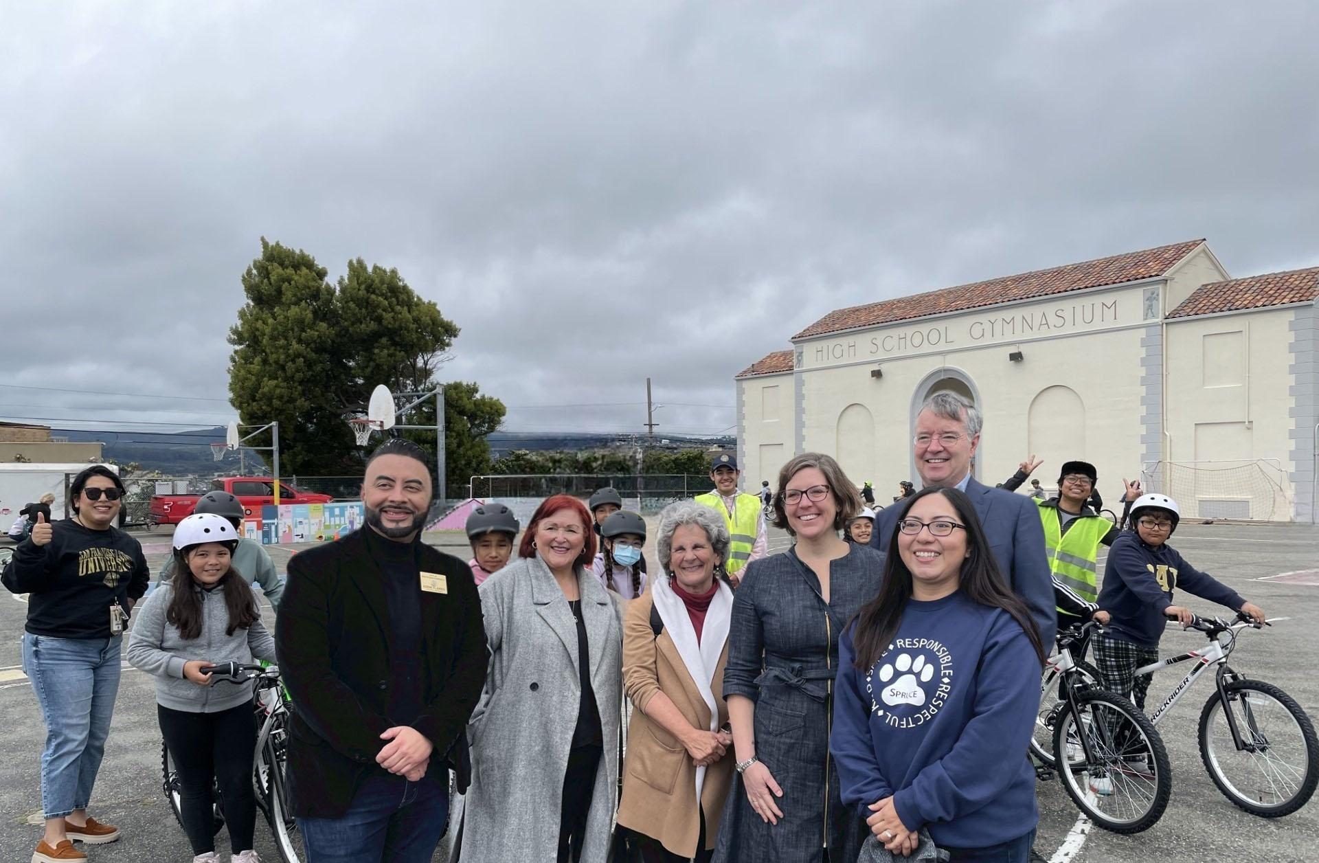 South San Francisco City Council Member Eddie Flores, SSFUSD School Board Member Patricia Murray, South San Francisco City Manager Sharon Ranals, SSFUSD School Board Member Amanda Anthony, and Spruce Elementary School Principal Angelica Garduno at the "Every Kid Deserves a Bike" distribution event on May 26, 2023.