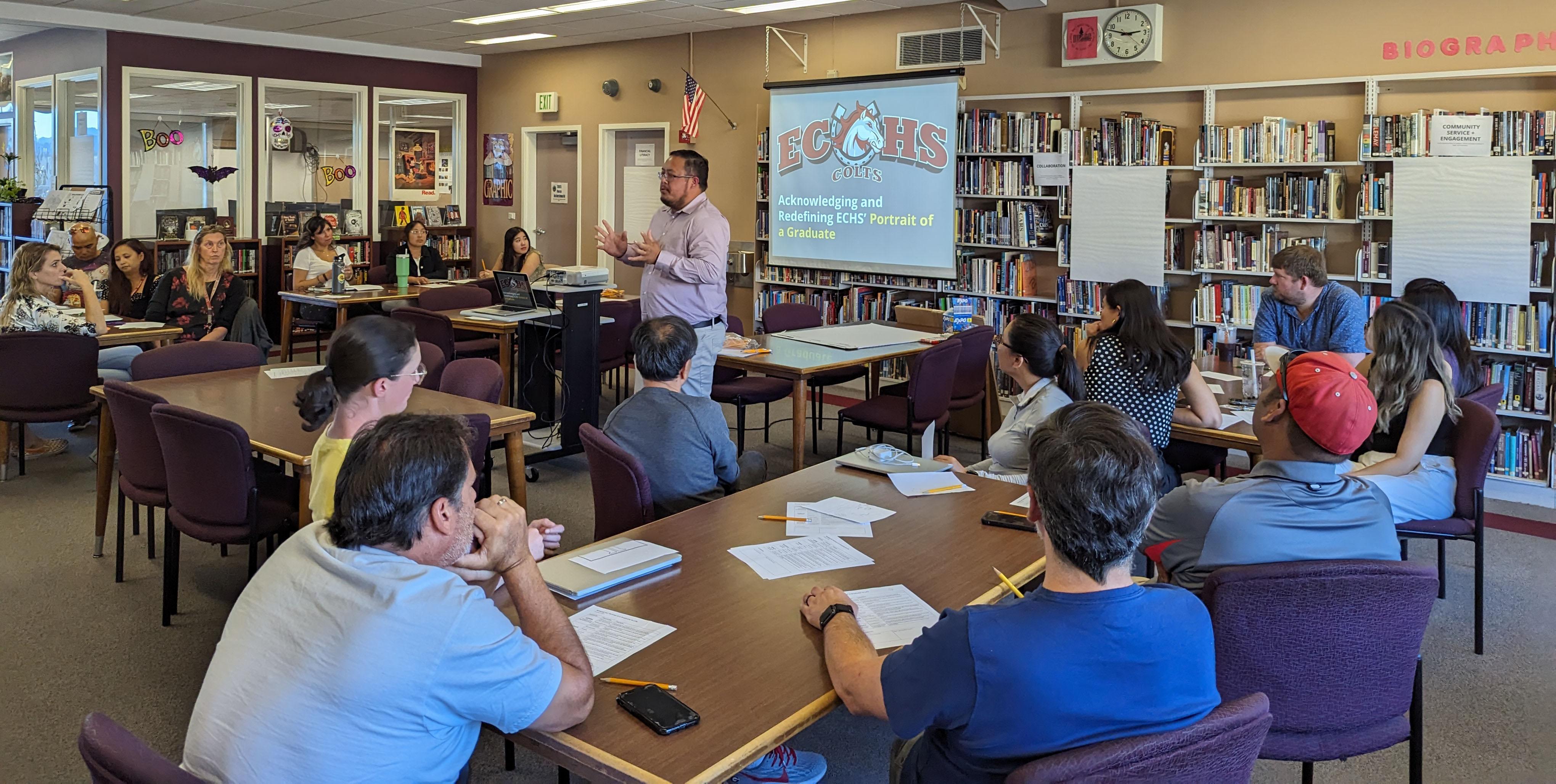 El Camino High School teachers engage in conversation about SSFUSD's new strategic plan.