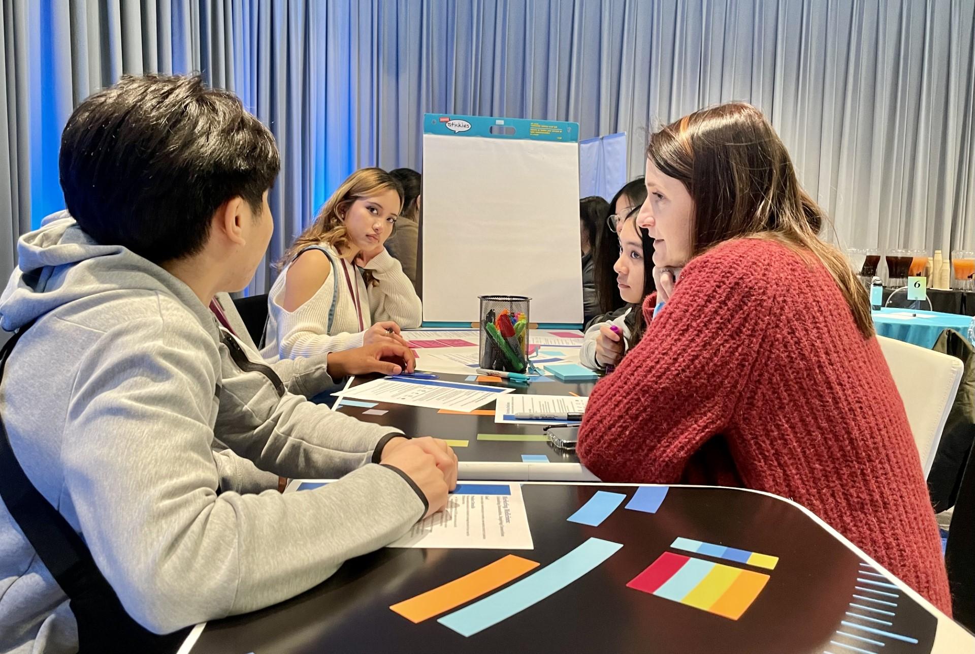 South City High junior Revee Reboredo (center) looks on during a marketing workshop at Genentech's Job Shadow Day on February 8, 2024.